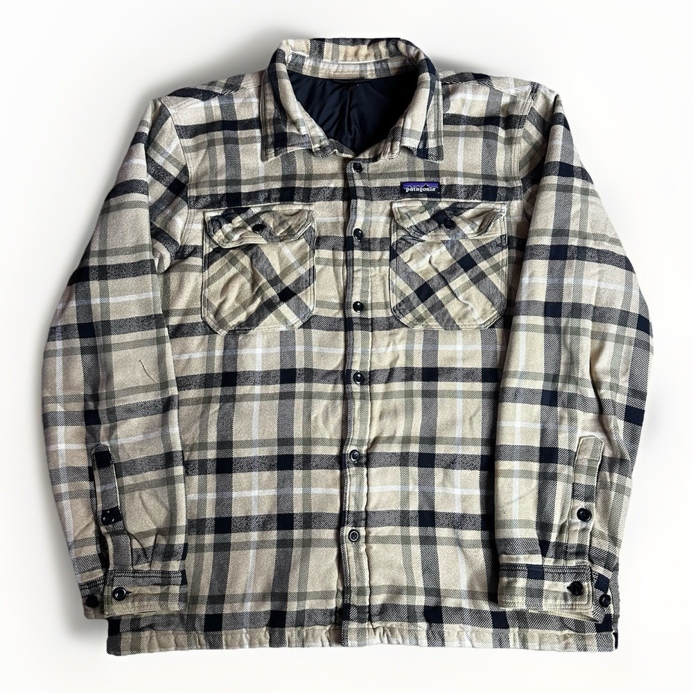 Patagonia Insulated Organic Cotton Flannel Shirt Jacket Mens Large Tan Plaid